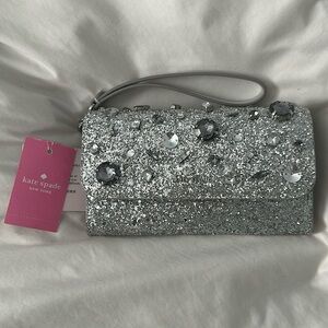 Kate Spade Tinsel Jeweled Silver Clutch with Wristlet